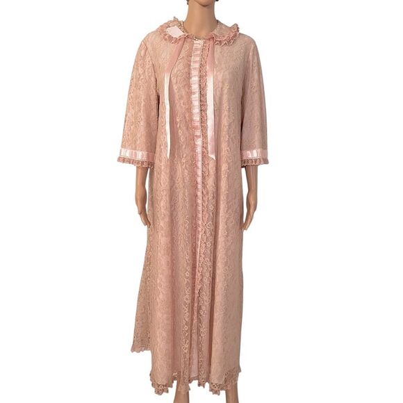 Vintage Women’s Odette Barsa Baby Pink Snap Button Lace Lounge Coat Pajama Gown - Picture 1 of 16